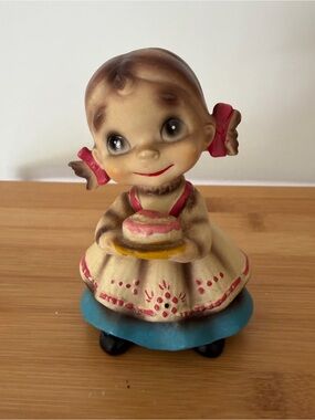 Vintage Josef Originals Japan Wee Folks Little Girl Pigtails w Cake Figurine MCM